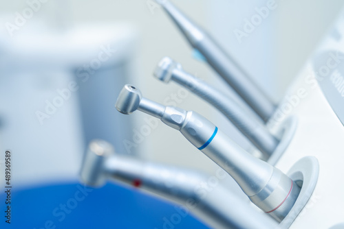 Professional Dentist instruments in the dental office. Set of dental care instruments