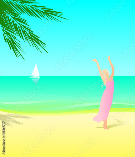 beautiful young woman opened her hands on the tropiic beach © Cherju