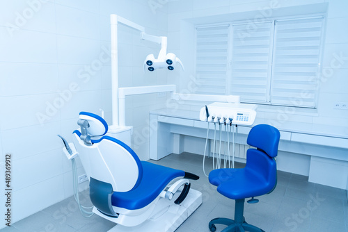 Dental office with dental chair and tools . Dental Hygiene and Health
