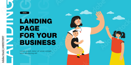 Daughter greeting mother after coming home. Woman holding child and waving at little girl flat vector illustration. Family, communication concept for banner, website design or landing web page