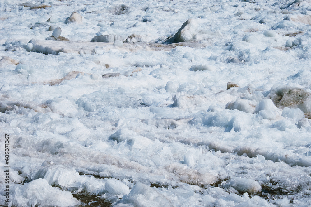 Ice on the river in spring on a sunny day. Texture from fragments of ice floes. Ice on the river in spring on a sunny day. Texture from fragments of ice floes.
