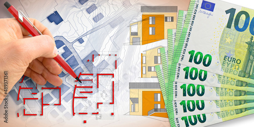 Costs for the construction of a residential building - concept with residential building project over an imaginary cadastral map and european euro banknote