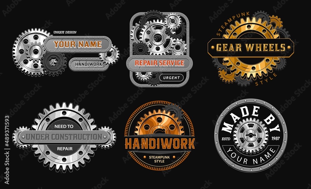 Set of color vintage label with black, gold, copper, silver steel gears,  metal rails, rivets, text. Emblems in steampunk style on black background.  Good for craft design. Stock Vector | Adobe Stock