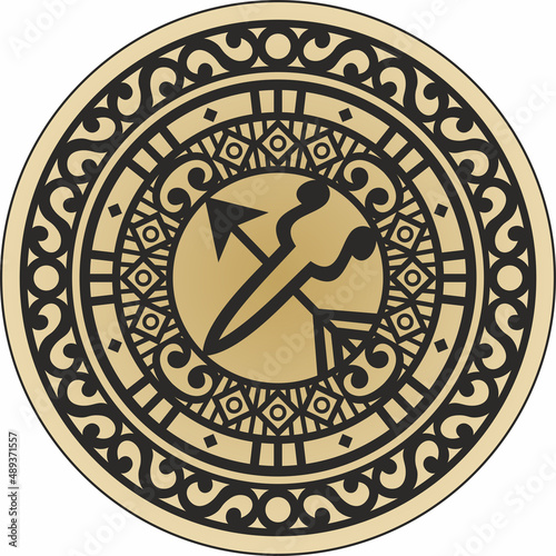 Vector gold round Yakut ornament. Amulet for family happiness. Talisman of the peoples of the Far North, Siberia, Tundra.
