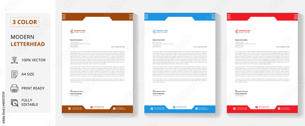 Creative Modern  & Clean business style letterhead. Minimalist concept business style letterhead template design. letterhead design in red, yellow, green & blue for a corporate office. set to print
