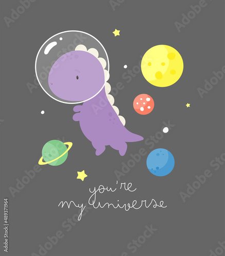 Cute Dinosaur cosmonaut and planets. For kids stuff, card, posters, banners, books, printing on the pack, printing on clothes, fabric, wallpaper, textile or dishes. Vector illustration.