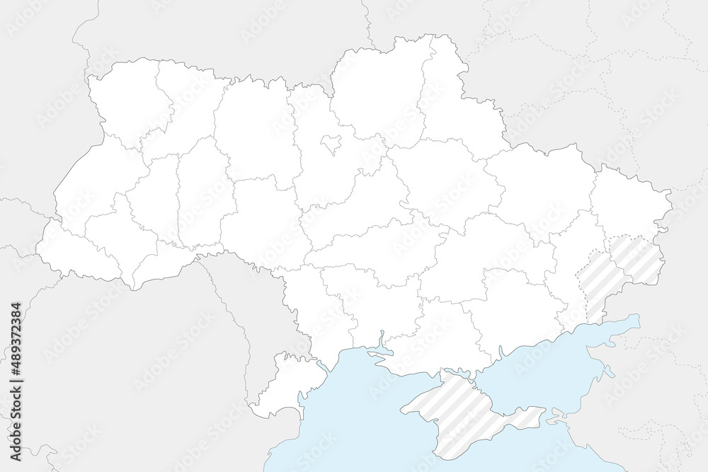 Blank map of Ukraine with regions, administrative divisions and territories claimed by Russia. Editable and clearly labeled layers.