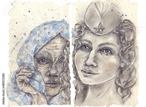 Photography Hand drawn military girl and her old mother