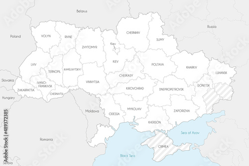 Map of Ukraine with regions  administrative divisions and territories claimed by Russia. Editable and clearly labeled layers.