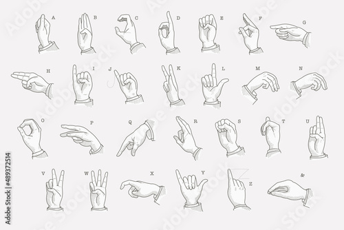 Full letters set  in a deaf-mute hand gesture alphabet.