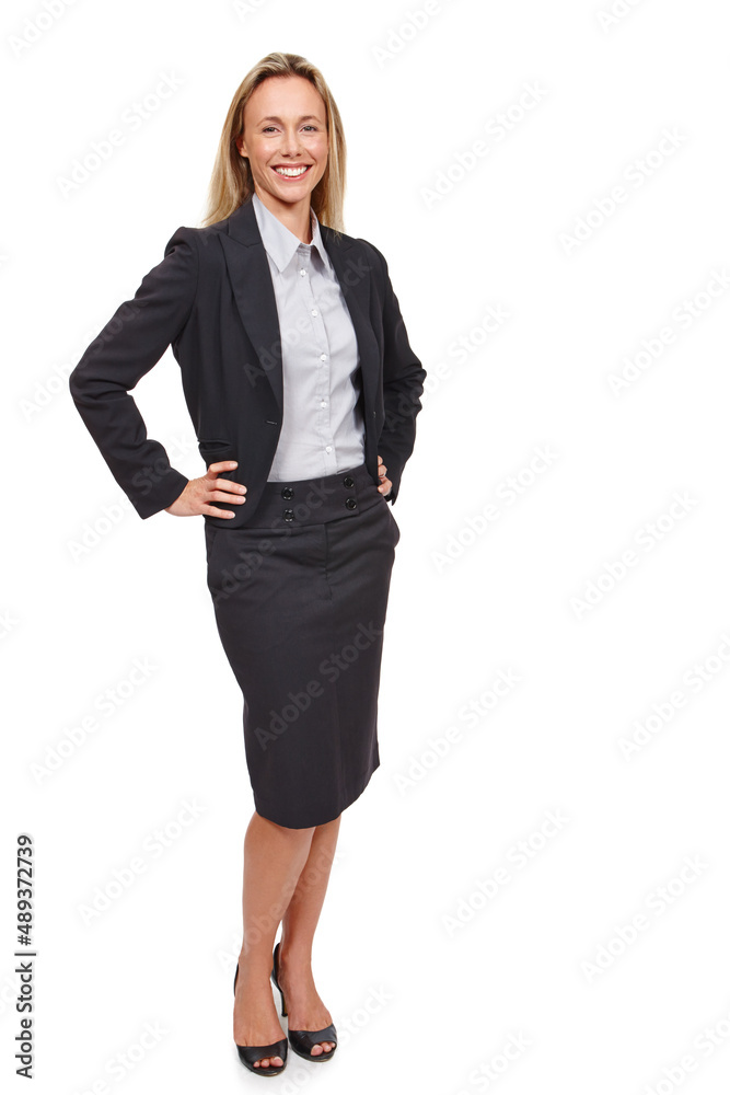 Facing the business world with confidence. Full-length studio portrait of a confident and attractive businesswoman standing against a white background. Facing the business world with confidence. Full-length studio portrait of a confident and attractive businesswoman standing against a white background.