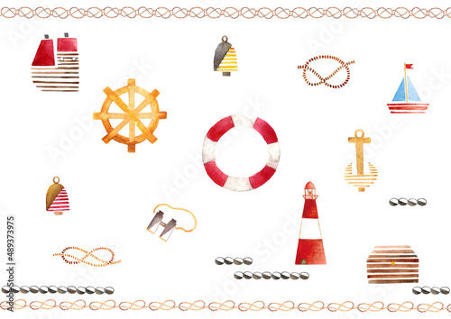 A set of elements on the marine theme. Watercolor illustration.