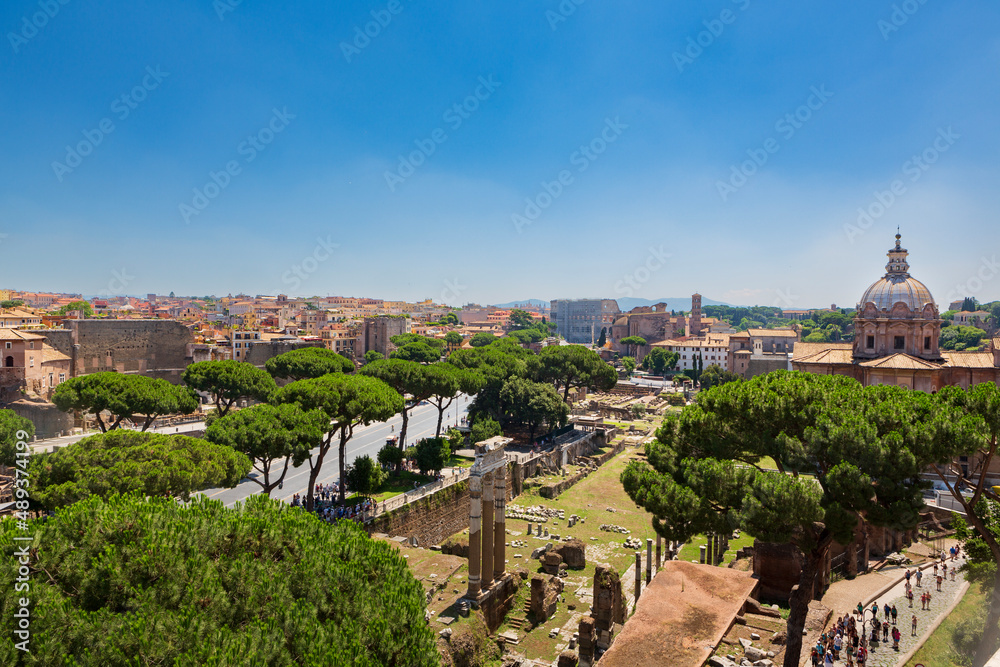 The popular tourist attraction, the Roman Forum, locatd in Rome, Italy
