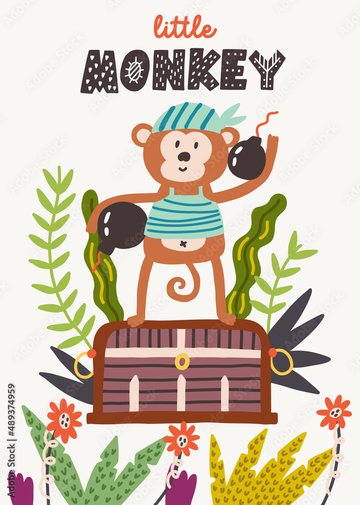 Obraz premium Little monkey lettering with bomb standing on treasure chest. Safari Zoo animal among the tropical exotic leaf. Doodle illustration Hand drawn nursery baby scandinavian style, kids t shirt postcard