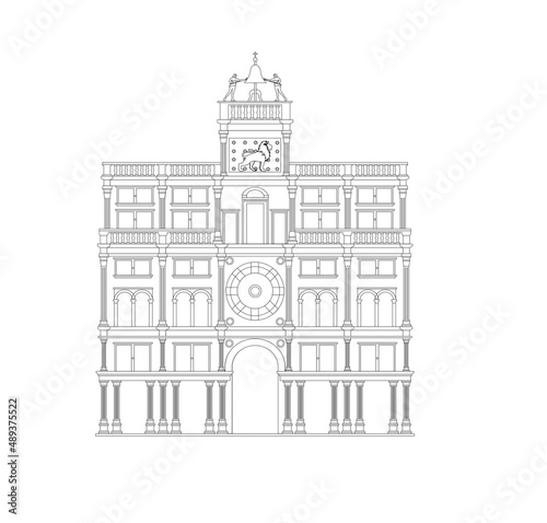 DRAWING OF HISTORICAL BUILDINGS OF VENICE, ANCIENT ITALIAN ARCHITECTURE IN GOTHIC AND NEOCLASSIC STYLE