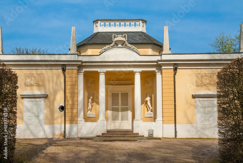 Great front view of the Bath House, a building in the style of an Italian villa built by Pigage for Elector Carl Theodor in the famous garden of the Schwetzingen Palace in Germany.