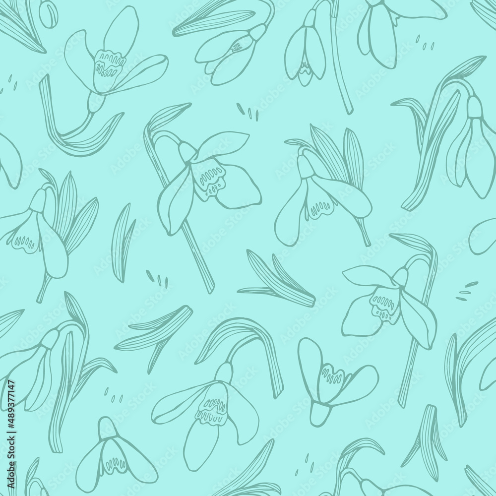 Delicate spring seamless pattern of snowdrop flowers.