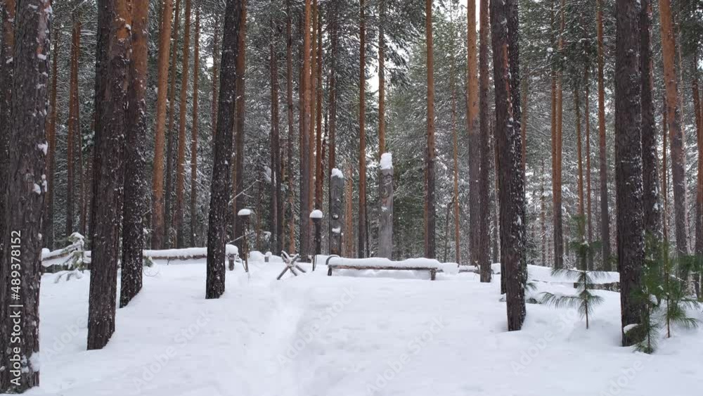 Northern lands. A pagan temple in the taiga with two wooden idols. The image of pagan gods is carved on wooden logs. Northern lands. A pagan temple in the taiga with two wooden idols. The image of pagan gods is carved on wooden logs.