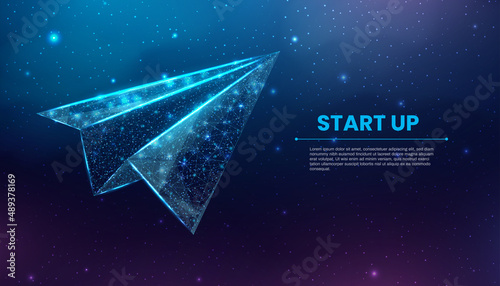 Polygonal paper plane. Business startup, innovation, growth, travel, way forward freedom concept. Wireframe low poly plane. Vector illustration