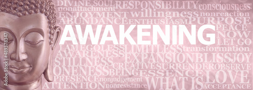 Buddhism Words associated with  Awakening Wall Art - pale pink grey forward facing Buddha head beside a word cloud relevant to AWAKENING on a soft golden bokeh background
 photo