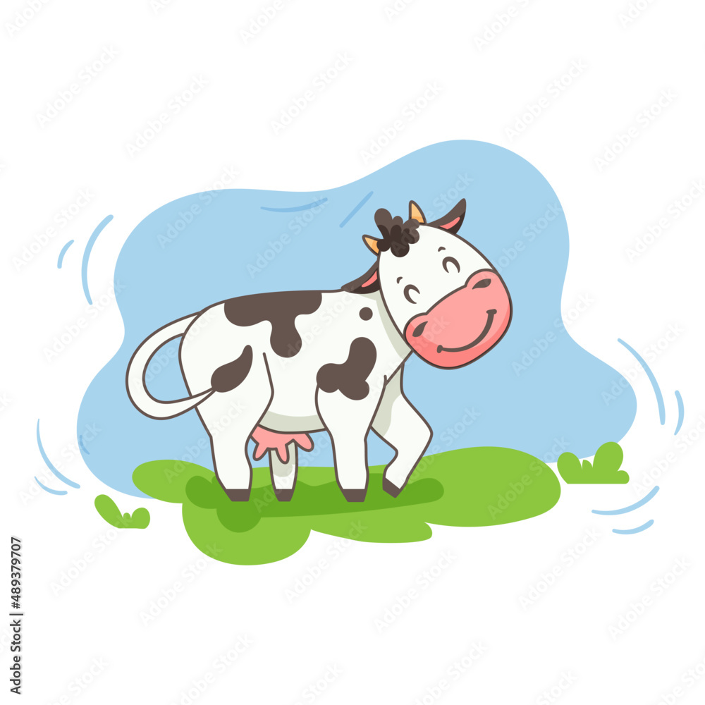 Fototapeta premium Cow in the meadow. Children's illustration. Cute vector illustration. Dairy theme.