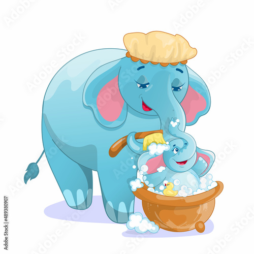 Mother elephant washes a little elephant. A happy cartoon-style character enjoys soap bubbles and mom's care. Children's illustration.
