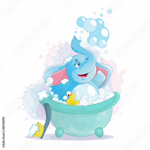A little elephant takes a bubble bath. A happy cartoon-style character enjoys soap bubbles. Children's illustration.