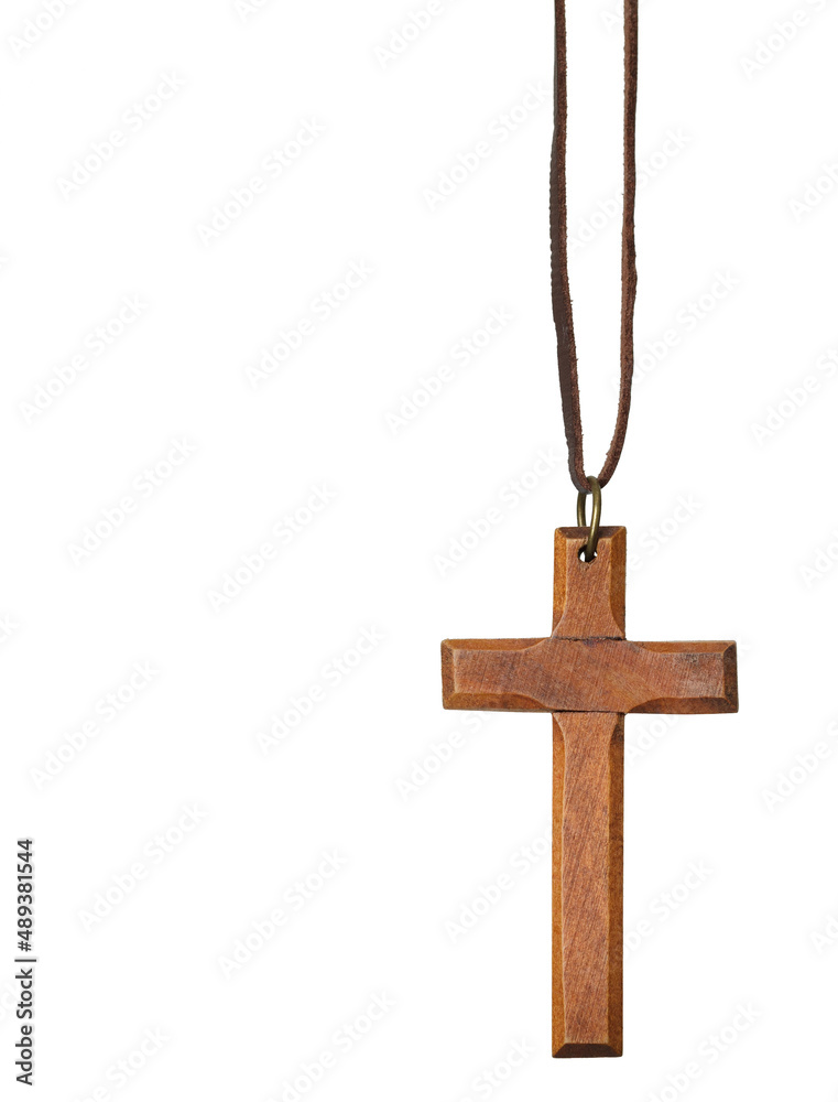 Wooden Christian cross on white with copy space Wooden Christian cross on white with copy space