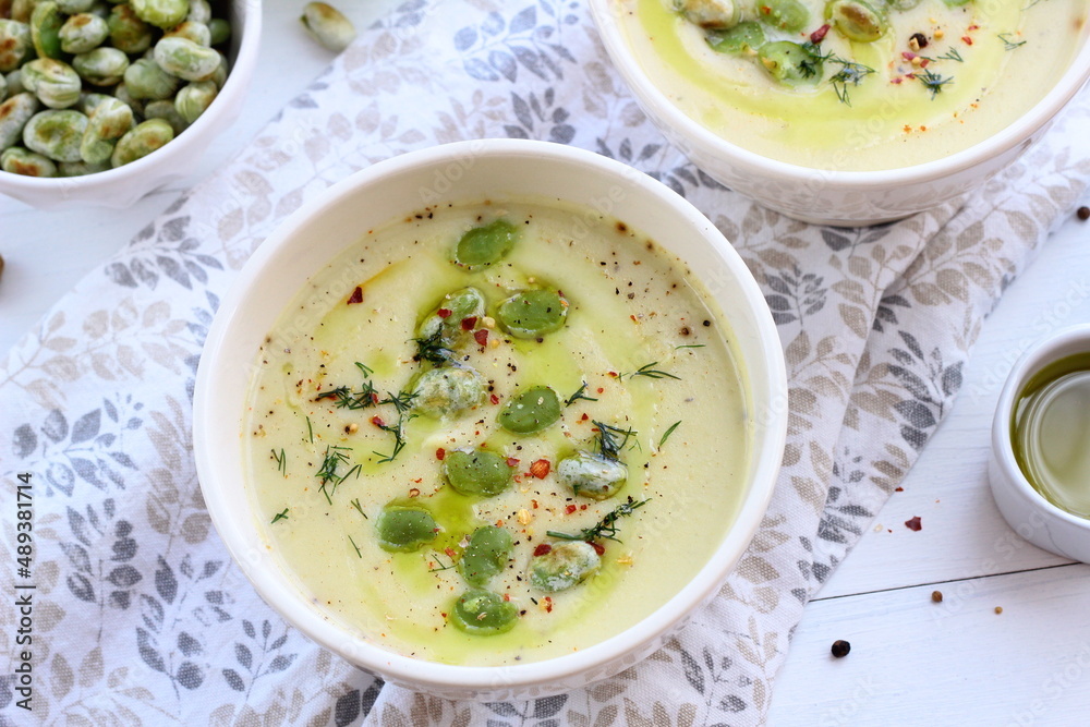 Kohlrabi cream soup with fried broad beans. A healthy vegetarian meal Kohlrabi cream soup with fried broad beans. A healthy vegetarian meal
