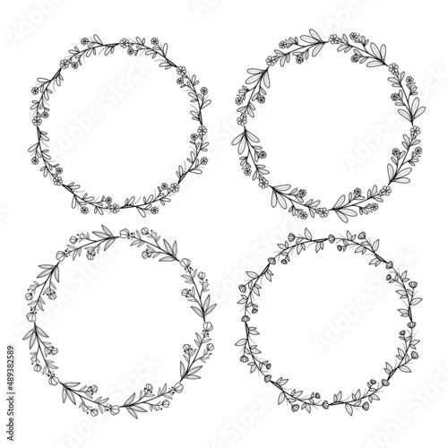 Set of hand drawn doodle round floral wreaths frames. Flower line and leaf circle frames design elements for wedding, mothers day, birthday, invitations.