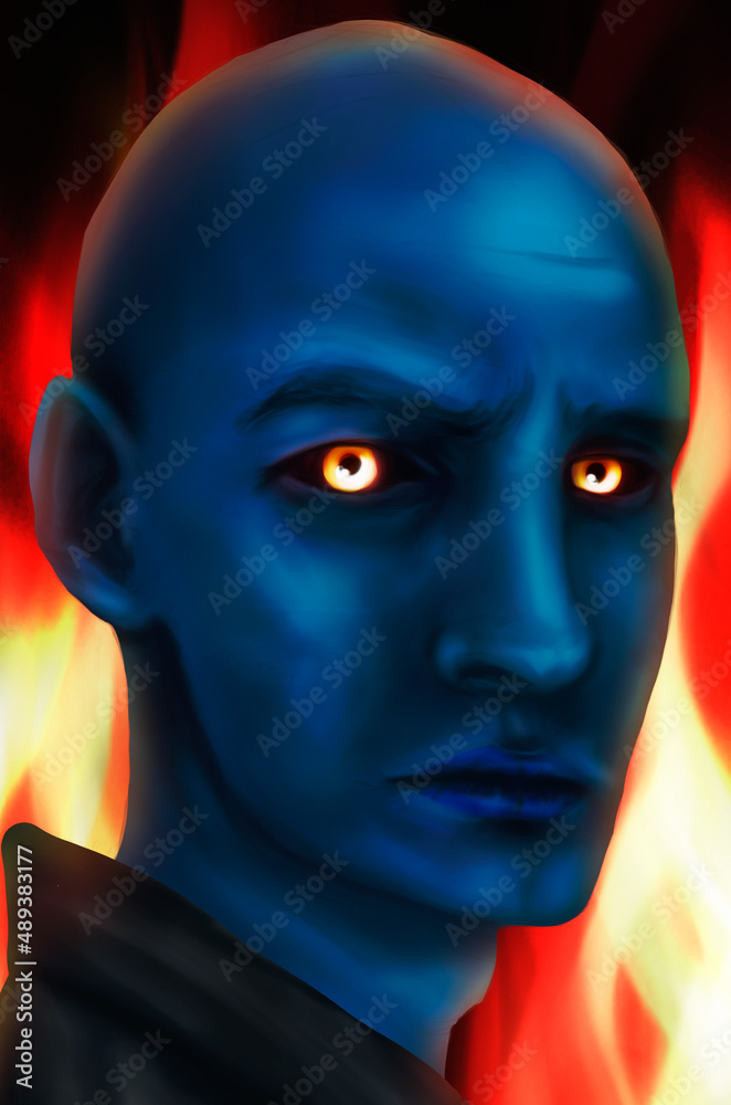 A realistic portrait of a demon with blue skin and yellow eyes, standing in flames A realistic portrait of a demon with blue skin and yellow eyes, standing in flames