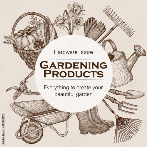 Vector vintage banner template for gardening. Graphic linear watering can, garden rake and shovel, rubber boots, household gloves, daffodil seedling, sprout, wheelbarrow, pruner, basket with harvest
