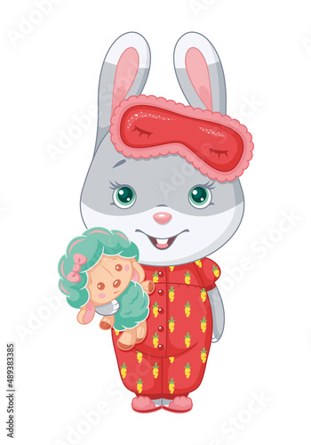 Cute bunny character in pajamas with toy. Cartoon vector illustration