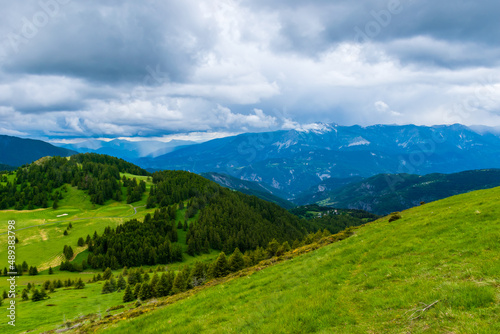 A picturesque landscape view of the French Alps mountains on a cloudy summer day  Valberg  Alpes-Maritimes  France 