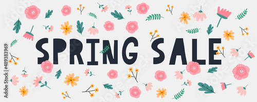 Spring sale typography banner Lettering spring season with leaf for greeting card, invitation template. Retro, vintage lettering banner poster template background, Sale, offer
