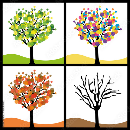 Four seasons trees poster. Colorful vector illustration.