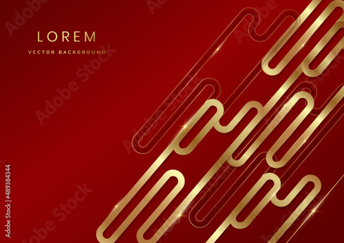 Abstract red elegant background with golden rounded. Decor golden lines glowing dots golden combinations. Luxury design.