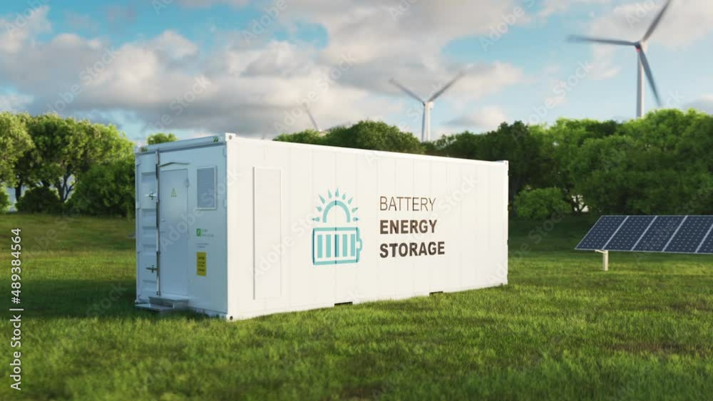 concept of a modern high-capacity battery energy storage system in a container located in the middle of a lush meadow with a forest in the background. 3d rendering