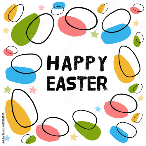 Happy Easter poster phrase in the middle, surrounded by different colorful eggs. Spring holiday banner. Vector template illustration for banner, sticker, t-shirt website page, article