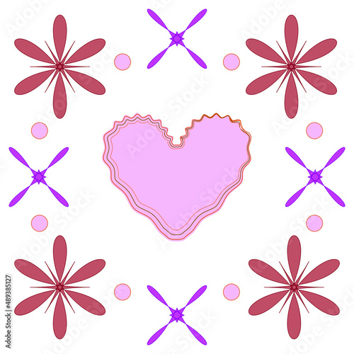 The pink heart pattern is centered around a red starburst flowers surrounded on a white background. It can be stitched or used alone. It is a vector work.