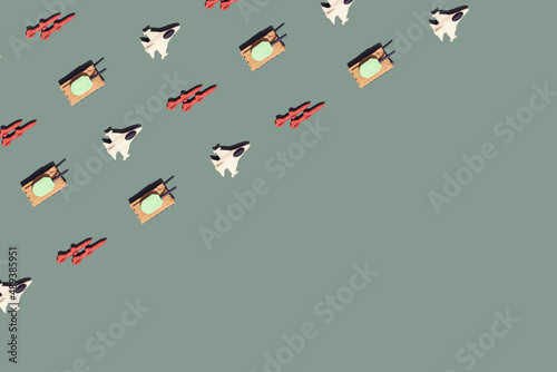 Seamless pattern made of tank, jet fighter airplane and missiles figurines. War, military and geopolitics concept. Isometric view. photo