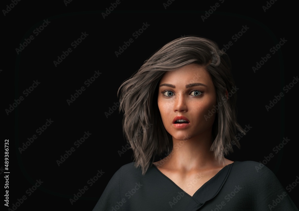 Woman model surprised. 3D rendering.