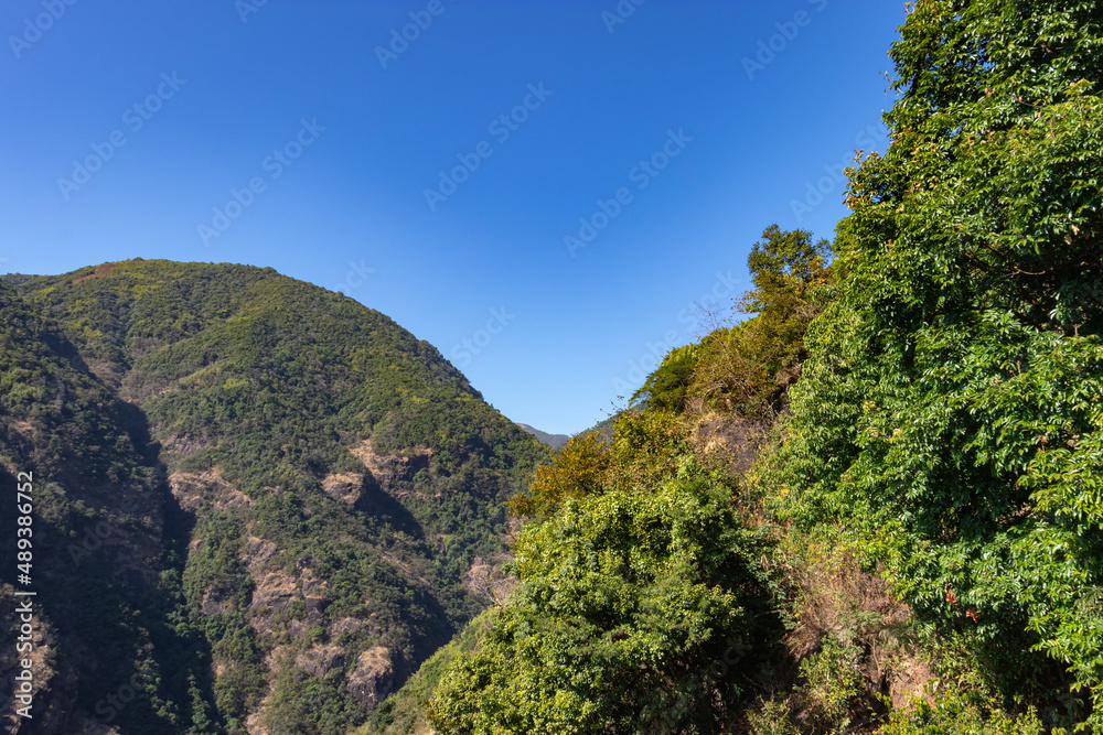 mountain covered with green forests and misty blue sky at morning from flat angle