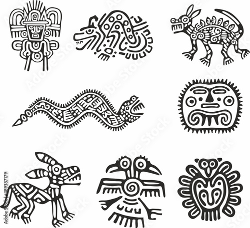 Vector monochrome set of native american symbols. Pattern totem of the peoples of Central and South America, Aztecs, Maya, Incas.
