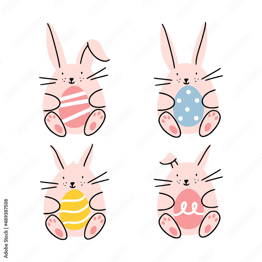 Set of 4 easter bunnies with different colored eggs in their paws. Good for greeting cards, banners, invitations, flyers. Set of 4 easter bunnies with different colored eggs in their paws. Good for greeting cards, banners, invitations, flyers.