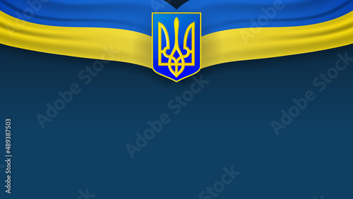 Ukraine Background vector illustration. Flag waving with national symbol of Ukraine on navy blue background