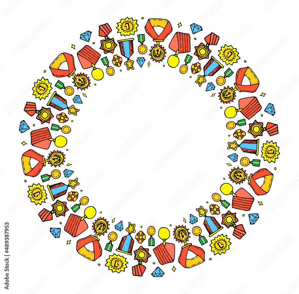 round shape template of medals in color. A frame of antique gold medals of various shapes around the edge of the victory circle with an empty space inside for text on white for a design template