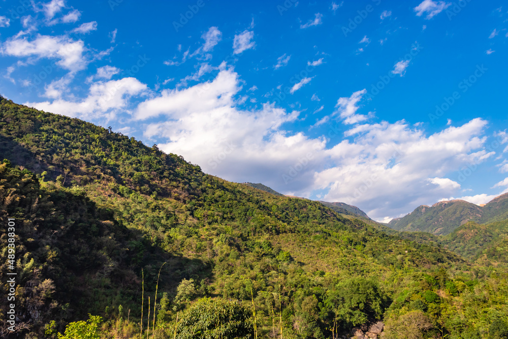 mountain covered with green forests and bright blue sky at afternoon from flat angle