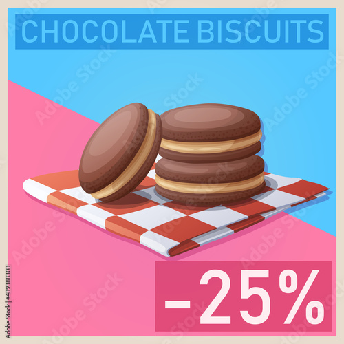 Chocolate peanut butter shortbread sandwiches illustration. Cartoon vector design graphic for supermarket promo