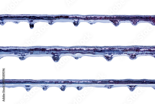 Isolated close up photo of frozen decorative line or metal wire on white background.